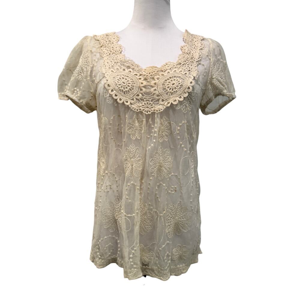 Cream Crochet Sheer Lace Mesh Boho Top Cottagecore Fairycore Medium Coquette